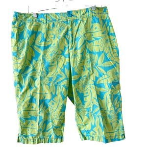 Dockers Women Tropical Floral Cargo Capri Pants Lime Green Blue Size 16 Cotton